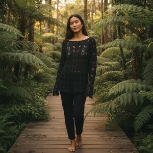 Black Open-Knit Long-Sleeve Women’s Sweater, Boho-Chic, Vacation Vibes